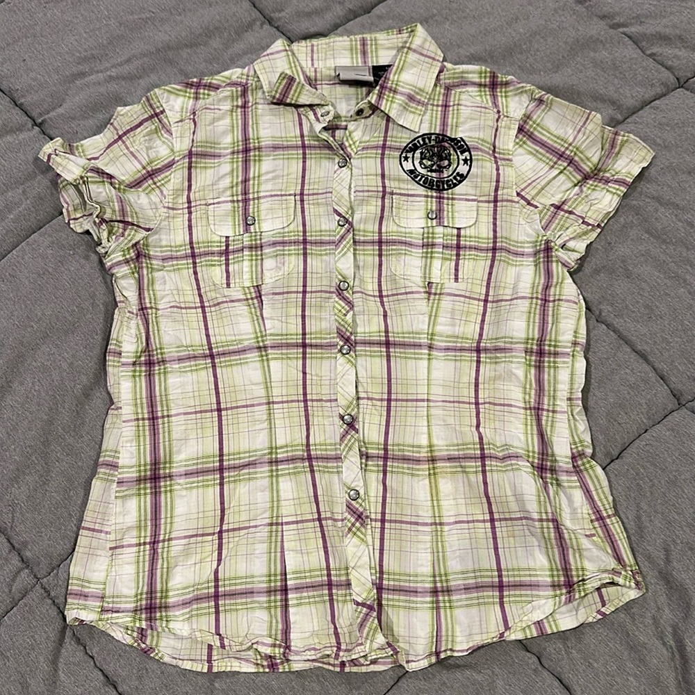 Harley-Davidson. Short sleeve button up shirt. White, green, and purple.